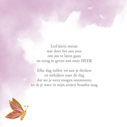 Rouwkaart vlinder meisje roze met waterverf achtergrond 2