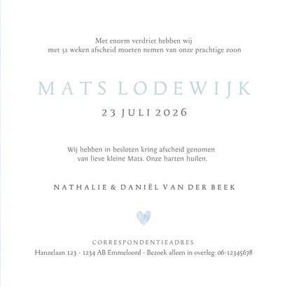 Rouwkaart voor een baby of jongen met blauw waterverf hart 3