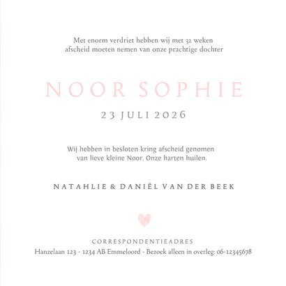 Rouwkaart voor een baby of meisje met roze waterverf hart 3