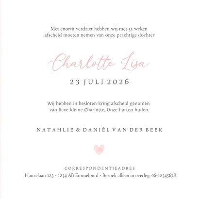 Rouwkaart voor een sterrenkindje of baby met roze voetjes 3