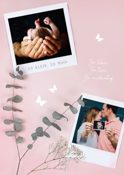 Rouwkaart voor stilgeboren baby meisje met foto's en bloemen 2