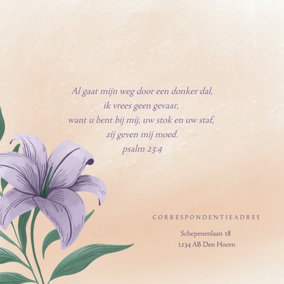 Rouwkaart voor vrouw met illustratie van paarse lelie 2