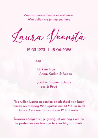 Rouwkaart vrouw met roze tulpen  3