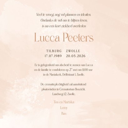 Rouwkaart waterverf zalmroze stijlvol foto takje 3