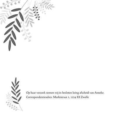 Rouwkaart zwart wit met botanische elementen 2