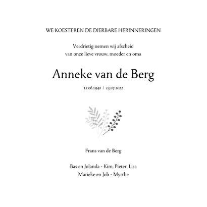 Rouwkaart zwart wit met botanische elementen 3