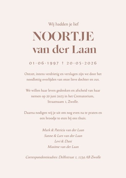 Rouwkaartje met beige bloemenpatroontje en foto 3