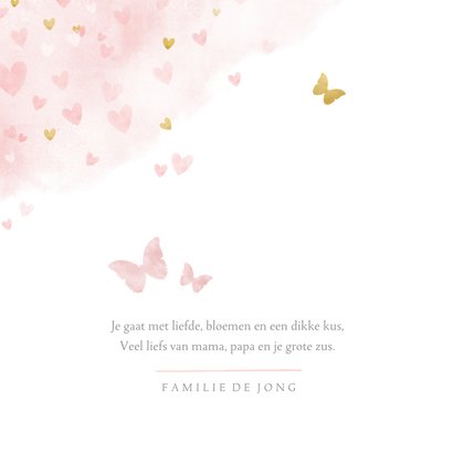 Rouwkaartje met roze en gouden hartjes voor een meisje 2