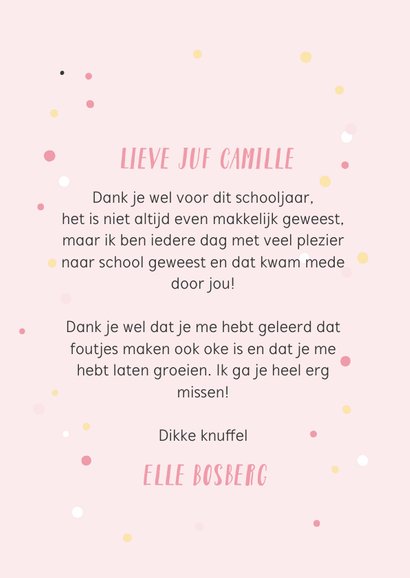 Roze bedankkaart voor de juf met een quote/spreuk. 3