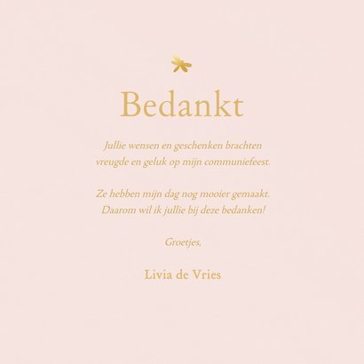 Roze bedankkaartje communie met landschap en gouden libelles 3
