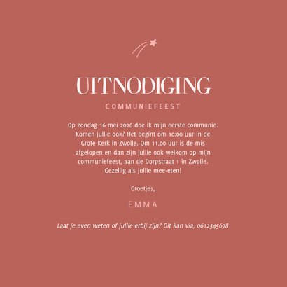 Roze communiekaartje met lief vredesduifje en sterretjes 3