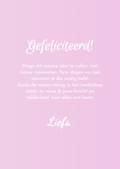 Roze felicitatiekaart met foto van een molen 3