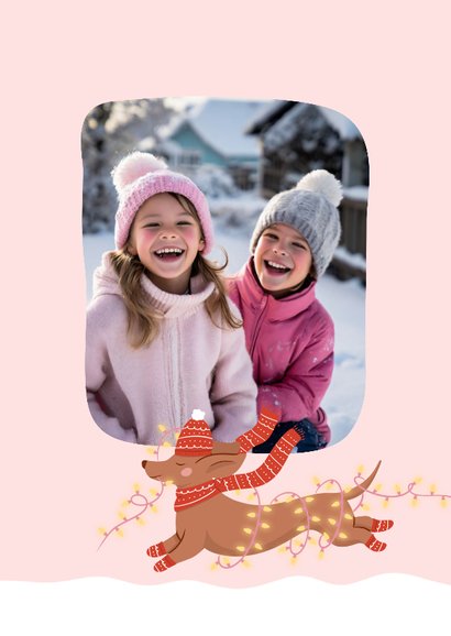 Roze fotokaart kerst met teckel met kerstlampjes 2027 2