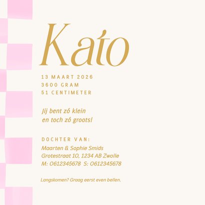 Roze geblokt geboortekaartje trendy met goudfolie 3