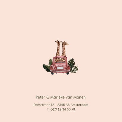Roze geboortekaartje met illustratie van giraffen in auto 2