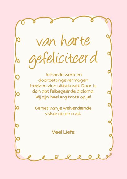 Roze geslaagdkaartje met vrolijk kader en hoedje 3