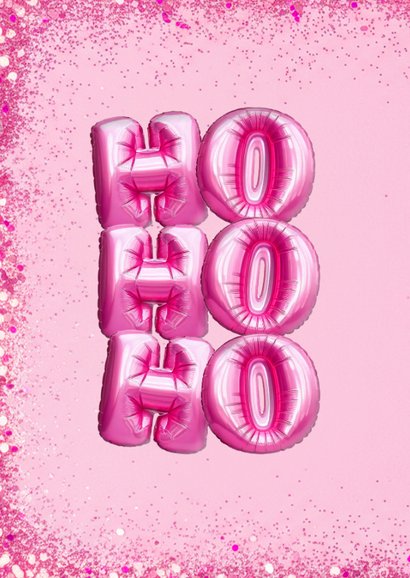 Roze kerstkaartje met glitters en ballonnen hohoho 2