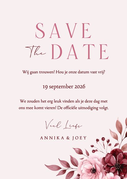 Roze save the date kaart met klassieke waterverf bloemen 3
