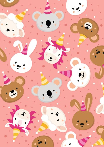Roze uitnodiging kinderfeestje meisjes met lieve diertjes 2