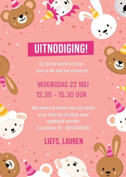 Roze uitnodiging kinderfeestje meisjes met lieve diertjes 3