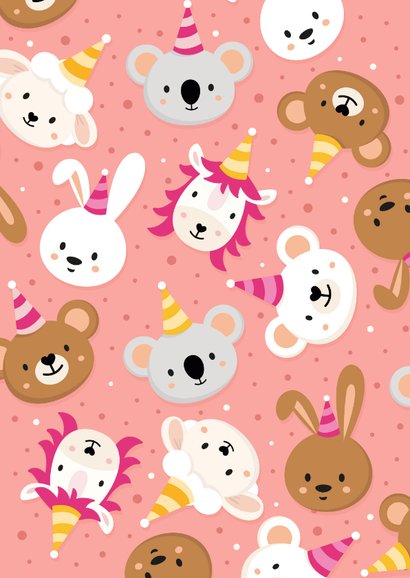 Roze uitnodiging kinderfeestje meisjes met lieve diertjes Achterkant