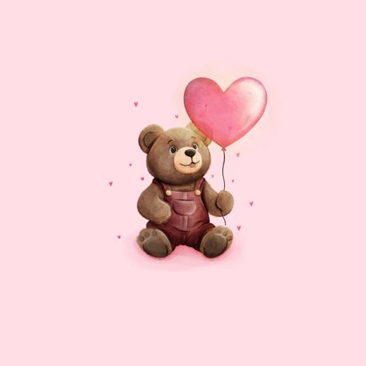 Roze valentijnskaart met teddybeertje en roze hartjes ballon 2