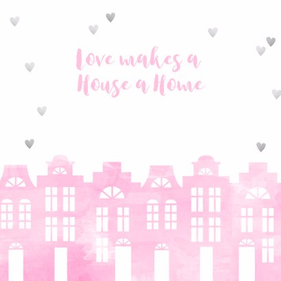 Samenwonen kaart huisjes roze aquarel en hartjes 2