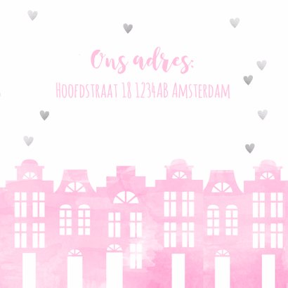 Samenwonen kaart huisjes roze aquarel en hartjes 3