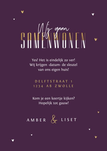 Samenwonen lesbisch goud hartjes silhouet verhuiskaart 3