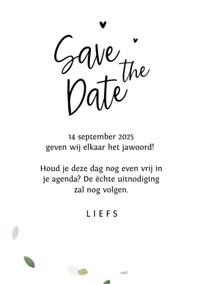 Save te date trouwkaart eco blaadjes stijlvol hartjes 3