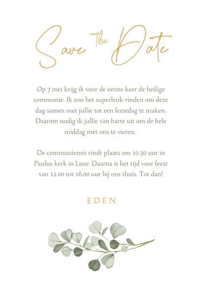 Save the date communie eucalyptus goud hartjes 3