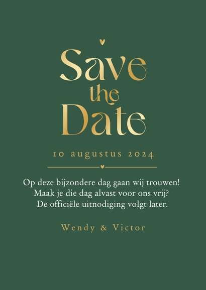 Save the date donkergroen goud stijlvol eenvoudig 3