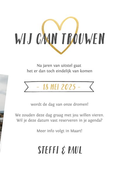 Save the Date fotocollage kaart en gouden hart 3