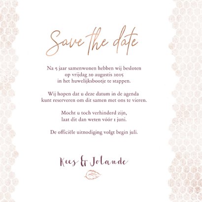 Save the date kaart boeket met roos op honingraatmotief 3