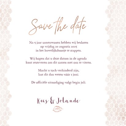 Save the date kaart boeket met roos op honingraatmotief 3