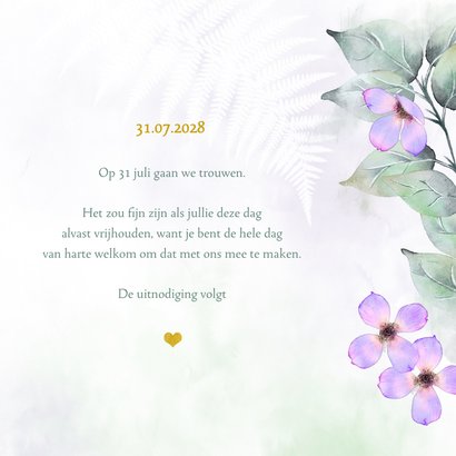 Save the date kaart botanisch lila-roze bloemen 3