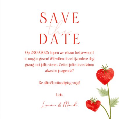 Save the date kaart bruiloft aardbeien roze ruitjes 3