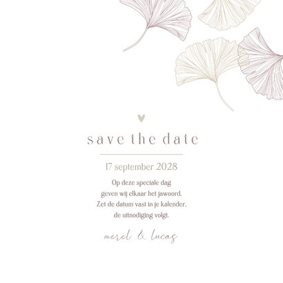 Save the Date kaart ginkgo puur 3