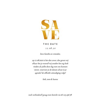 Save the date kaart gouden accenten met foto's vierkant 3