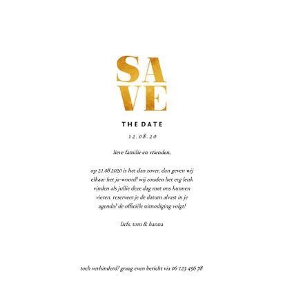 Save the date kaart gouden accenten met foto's vierkant 3