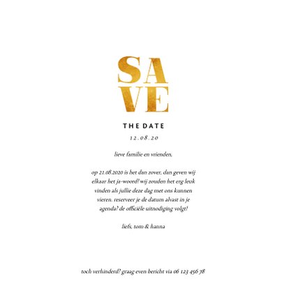 Save the date kaart gouden accenten met foto's vierkant 3