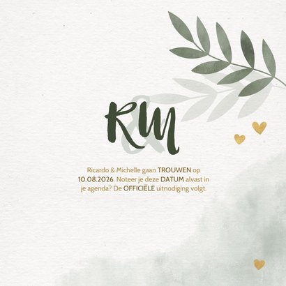 Save the date kaart groen waterverf takjes gouden hartjes 3