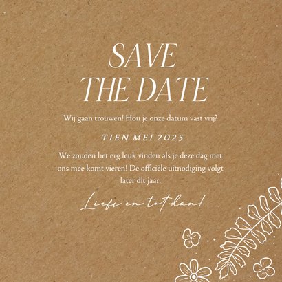 Save the date kaart in kraftlook met witte bloemen 3