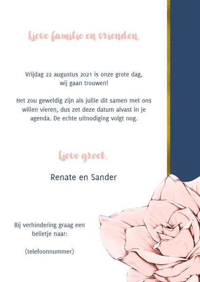 Save the Date kaart in navyblue en goud, met roos en foto 3