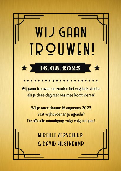 Save the Date kaart in retro poster stijl met goudfolie  3