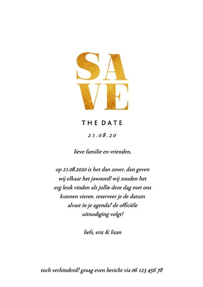 Save the date kaart met foto's en gouden accenten 3