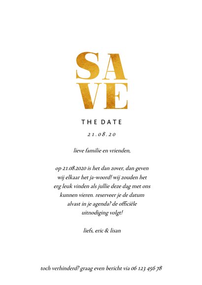 Save the date kaart met foto's en gouden accenten 3
