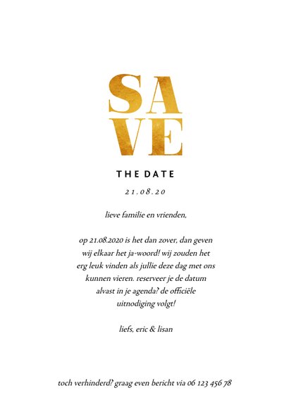 Save the date kaart met foto's en gouden accenten 3