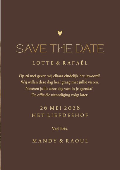 Save the date kaart met grote foto en goudfolie 3