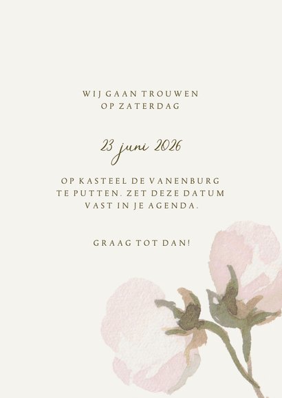 Save the date kaart met roze bloemen en ruimte voor een foto 3